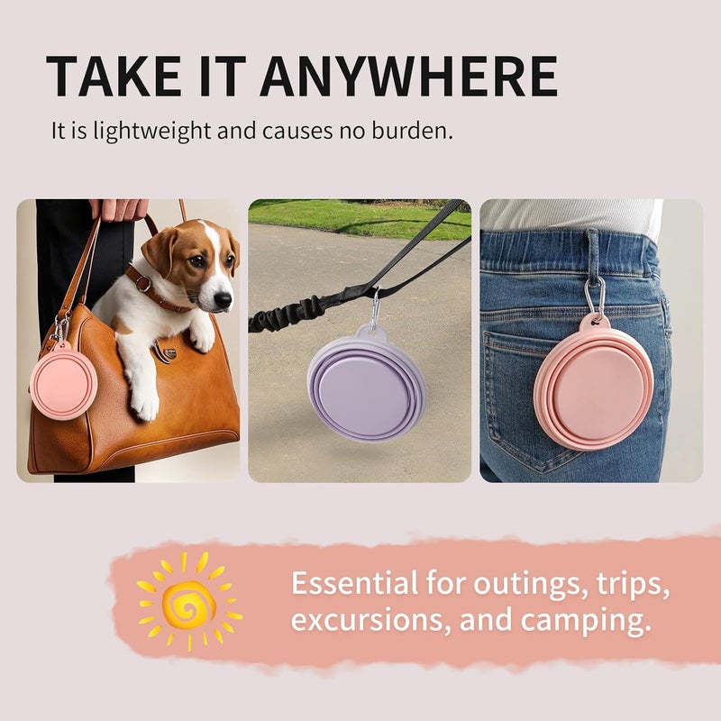 TECOPH Collapsible Dog Bowls 2-Pack, Portable Travel Dog Bowl with Carabiner, Food-Grade Silicone Pet Bowl for Hiking, Walking (Macaron Pink and Violet) - Image 5